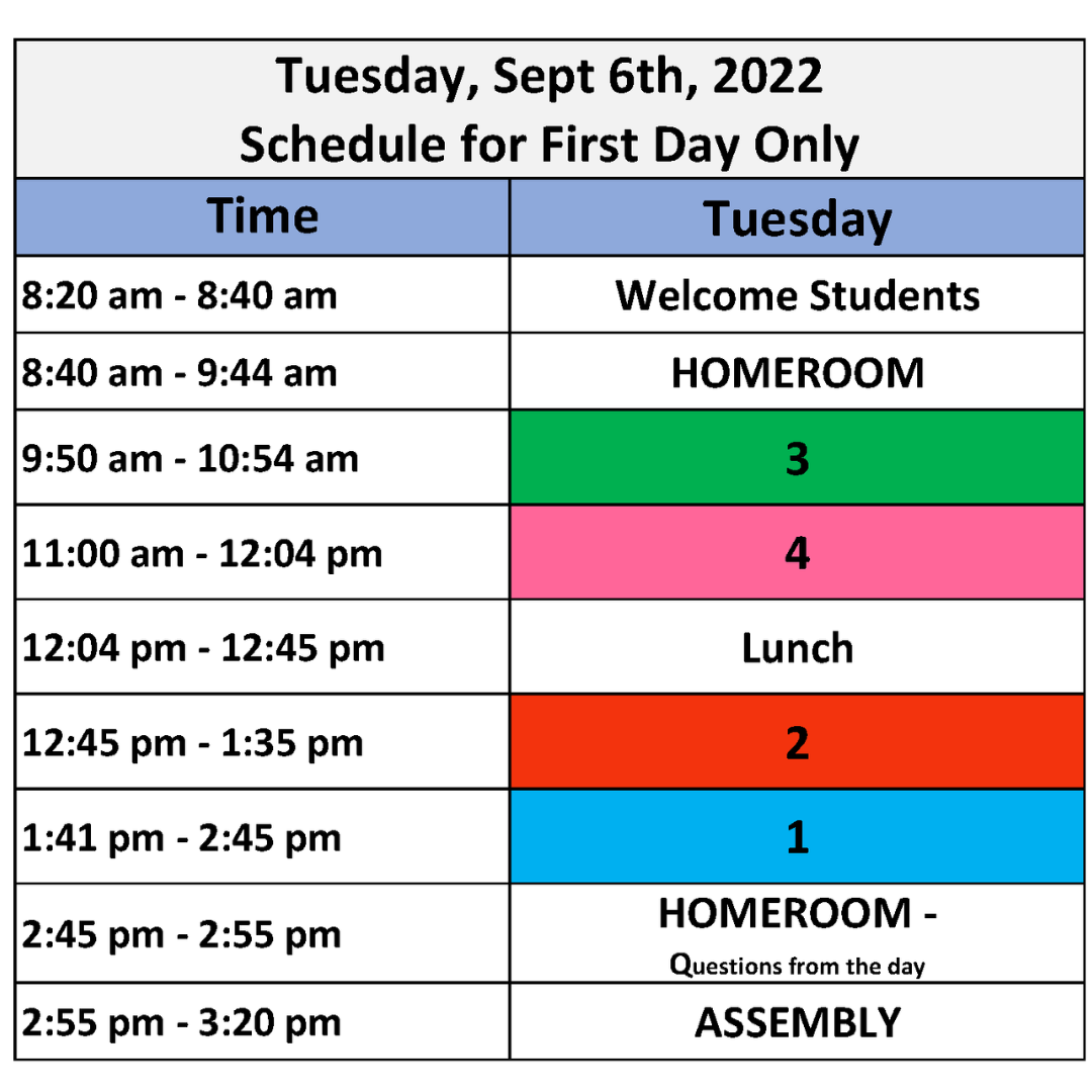 Tuesday, September 6 - Bell Schedule for First Day Only | Strathmore